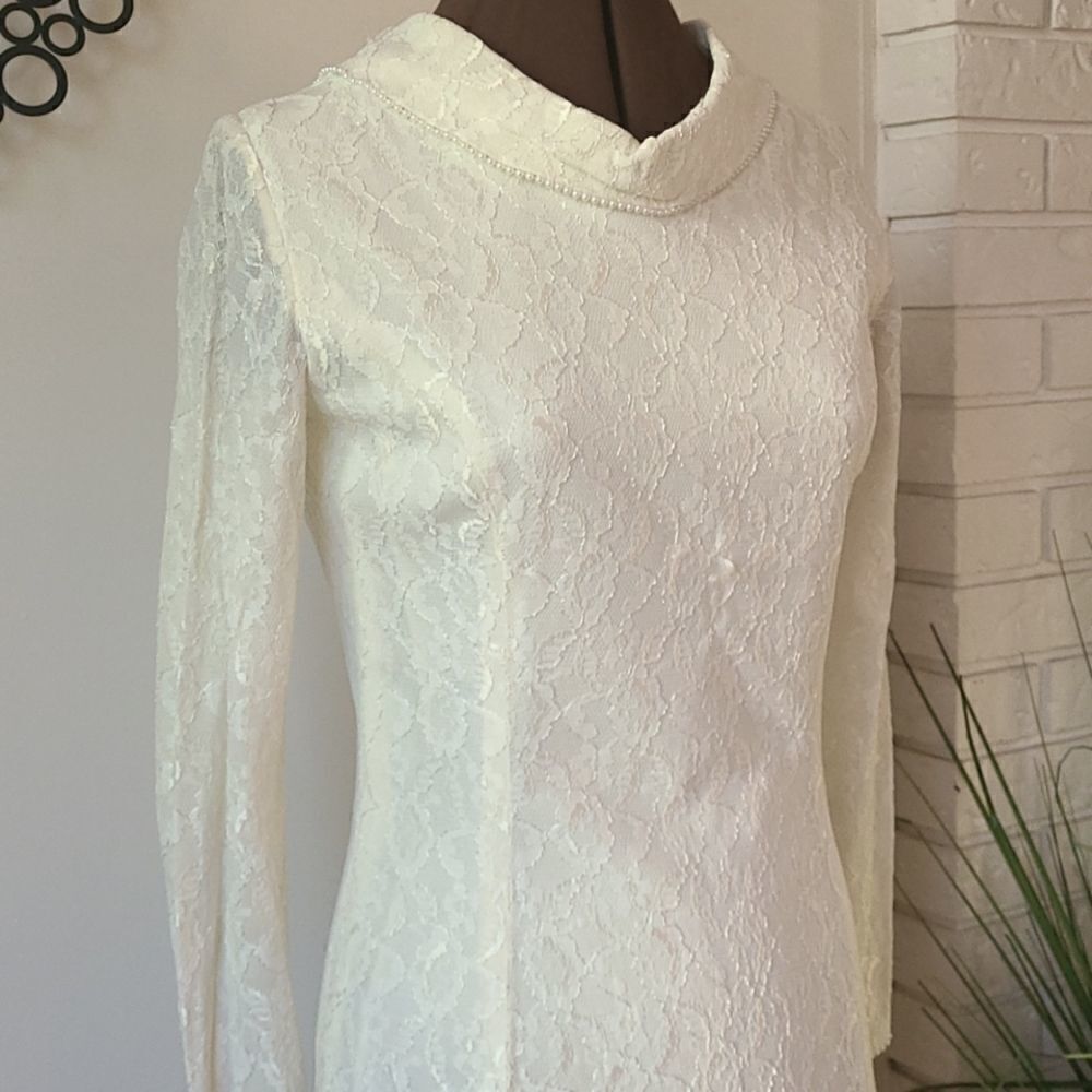 Vintage 60s 70s Ivory Lace Cowl Neck Gown Wedding S  - Picture 3 of 8